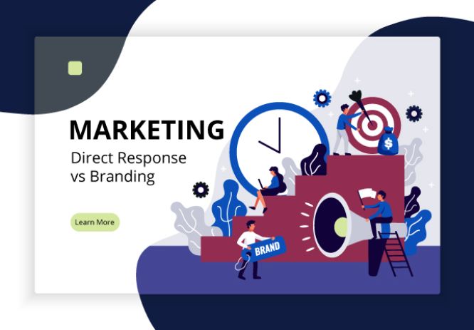 direct response marketing vs branding - Digital marketing page design with brand development symbols