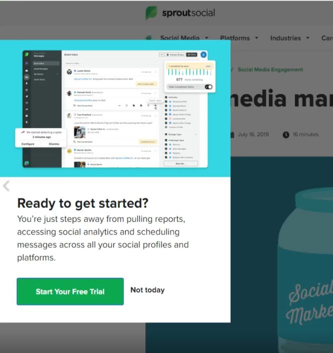 sproutsocial popup example - boost conversions with exit intent popups