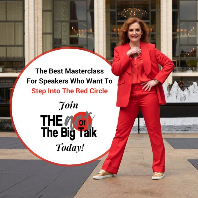 tricia brouk the art of the big talk banner standing up red dress