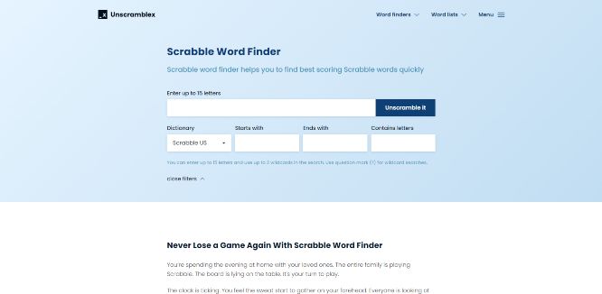 UnscrambleX guide on a word finder for Scrabble